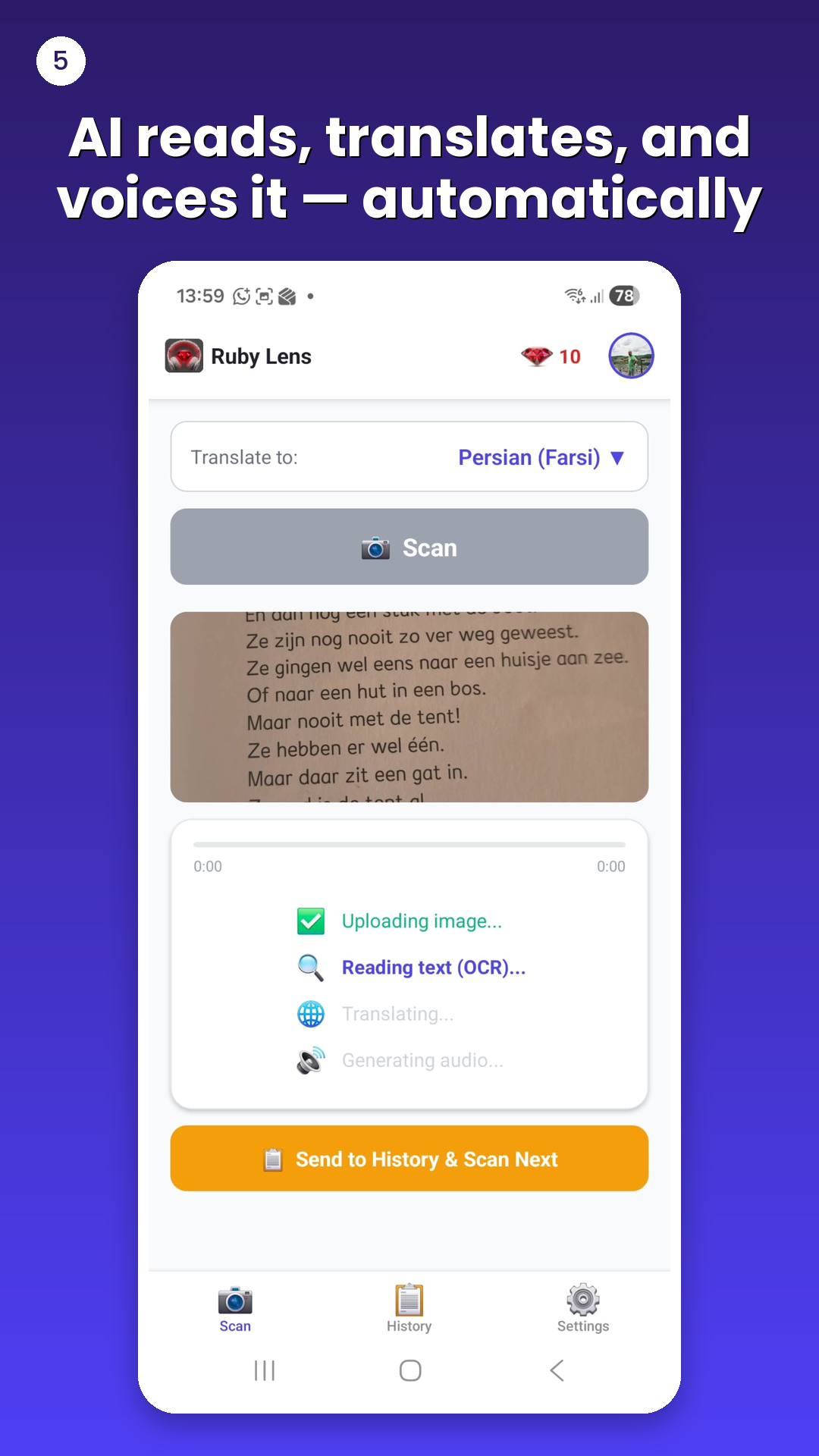 Ruby Lens app showing AI reading, translating, and voicing the text automatically