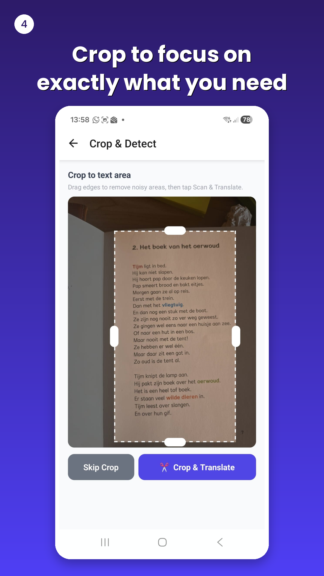Ruby Lens app showing the crop tool to focus on exactly the text you need
