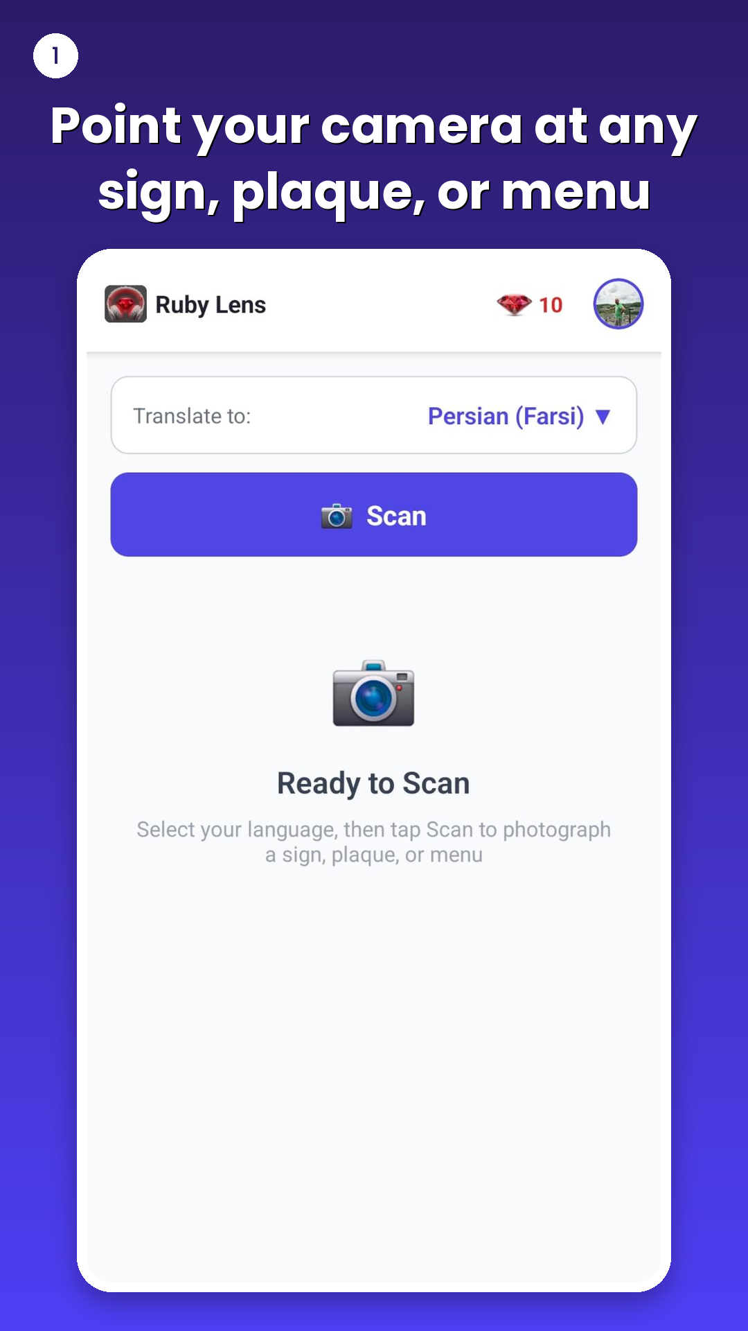 Ruby Lens app screen with a camera scan button, ready to photograph a sign, plaque, or menu