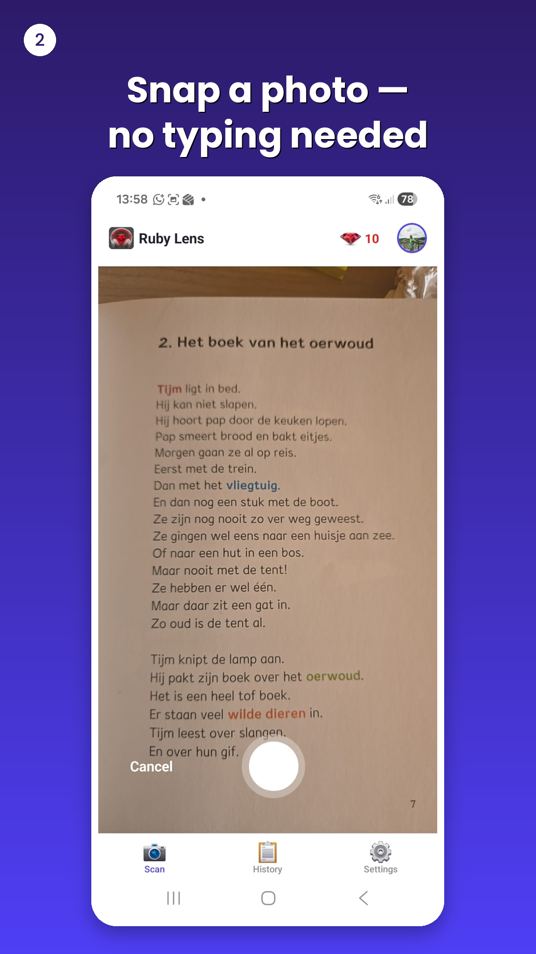 Ruby Lens app showing a photo just captured, ready to translate without typing